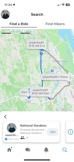 RideHike app showing carpool matches on map