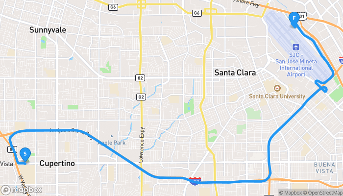 Route map from Cupertino Memorial Park to San Jose Mineta International Airport