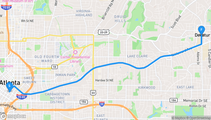 Route map from Atlanta, Georgia, United States to Decatur, Georgia, United States