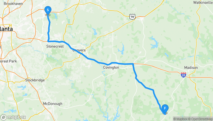 Route map from Stone Mountain, Georgia, United States to Covington Highway, Shady Dale, Georgia 31085, United States
