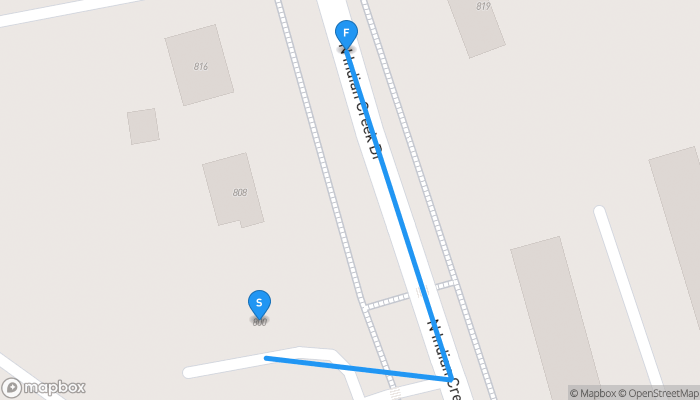 Route map from 800 North Indian Creek Drive to 823 North Indian Creek Drive