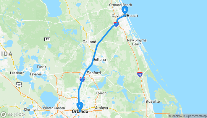 Route map from Daytona Beach to Orlando