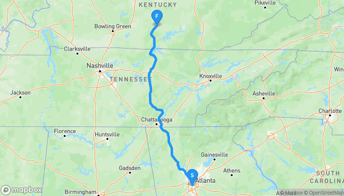 Route map from Atlanta to 210 Lindsey Wilson Street