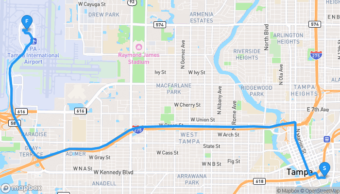 Route map from 515 Channelside Drive to Tampa International Airport