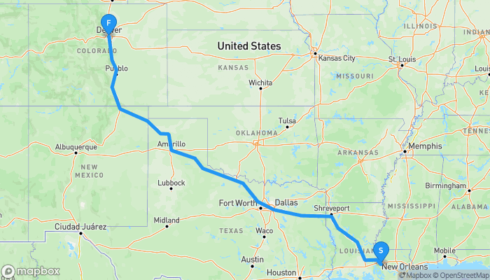 Route map from 70710 to Denver