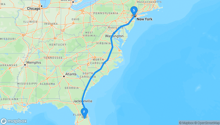 Route map from New Jersey Performing Arts Center to Orlando