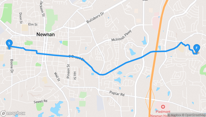 Route map from Neal Street to Ulsh Park Drive