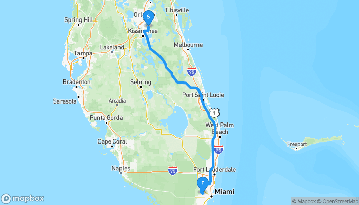 Route map from Orlando International Airport to Doral