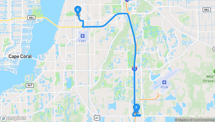 Route map from 3620 Broadway to Paul Mitchell The School Fort Myers