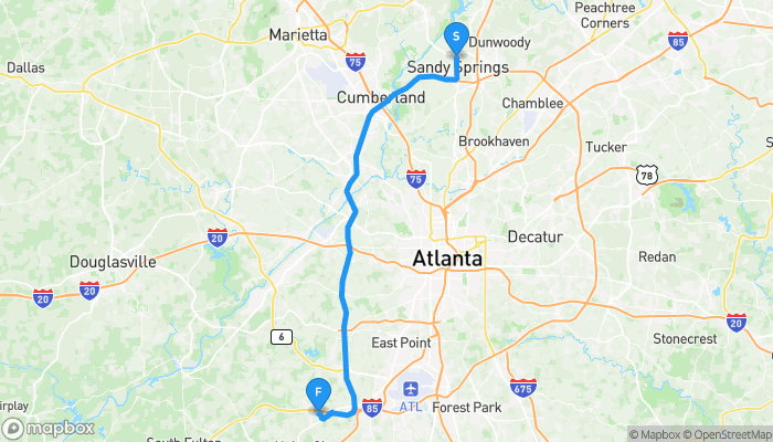 Route map from 6491b Roswell Road to 5155 Welcome All Road