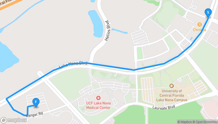 Route map from Lake Nona South to 6555 Sanger Road