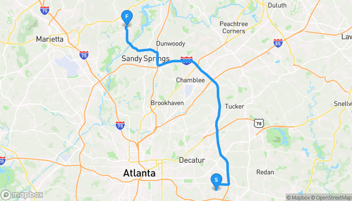 Route map from 2060 Oak Park Lane to 1000 Johnson Ferry Road Northeast