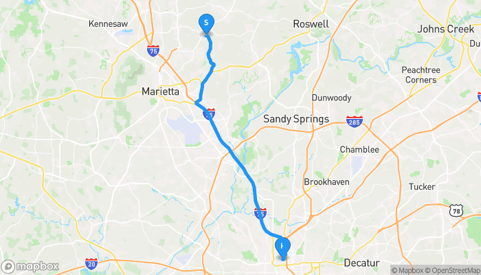 Route map from Primrose School of East Cobb at Sprayberry to Klaus Advanced Computing Building