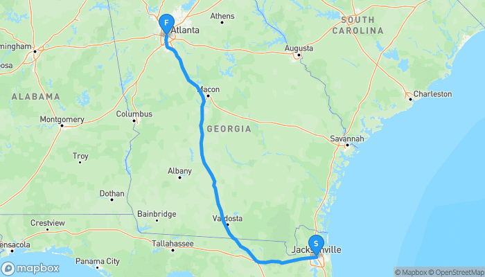 Route map from Jacksonville to Atlanta